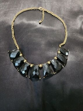 ​Vintage Gold Tone Black Goldstone Style Faceted Bib Statement Necklace